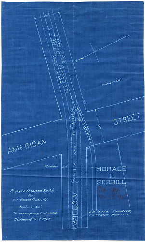 Plan, Plan of a proposed switch for Mr. Horace P. Serrill … To accompany ordinance [approved Nov. 25, 1905]. Surveyed Oct. 1905. J. H. Young, Engineer. F. H. Keisker, Architect.