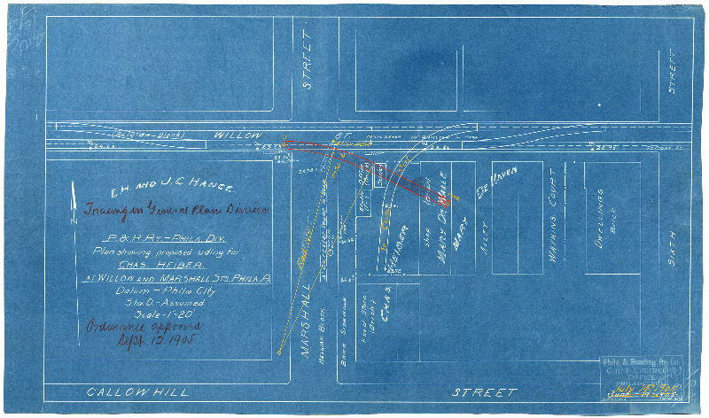 Plan, P. & R. Ry. - Phila Div. Plan showing proposed siding for Chas. Heiber, at Willow and Marshall Sts., Phila, Pa. [Ordinance approved Sept. 12, 1905]