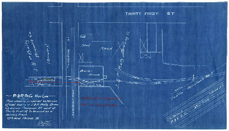 Plan, P. & R. Ry. Co. - Main Line - Philada. Div. Plan showing proposed extension of coal siding at J. & P. Baltz Brew. Co. across Thompson St., west of Thirty-first St., to be used as a delivery track. 29th Ward, Philada, Pa. [Ordinance July 28, 1910; approved Aug. 11, 1910] 
