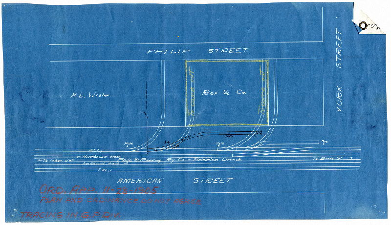 Plan, [No title. Philadelphia and Reading Railway Co. - Bethlehem Branch. Siding into Rex & Co., at American and York Sts. Note on plan says "Plan and Ordinance do not agree". Ordinance Nov. 28, 1905]