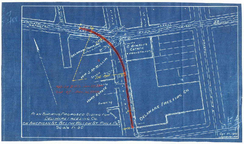 Plan, Plan showing proposed siding for Delaware Freezing Co. on American St. below Willow St., Phila. Pa.
