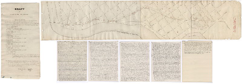 Plan, Draft of the Pennsylvania Avenue or Road [This eventually became the Philadelphia and Reading Railroad. Three parts: 1. Plan. 2. Written description, and 3. Transcription of Indenture from Deed Book G.W.C., No. 74, page 332 etc. Morris Longstreth, Israel Painter, and John A. Gamble, Canal Commissioners of the Commonwealth of Pennsylvania to the Philadelphia and Reading Rail Road Company, Dec. 27, 1850]