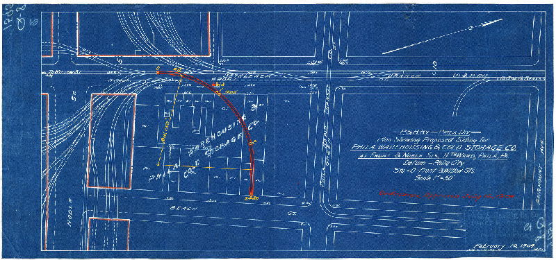Plan, P. & R. Ry. - Phila. Div. - Plan showing proposed siding for Phila. Warehousing & Cold Storage Co. at Front & Noble Sts., 11th Ward, Phila., Pa. 