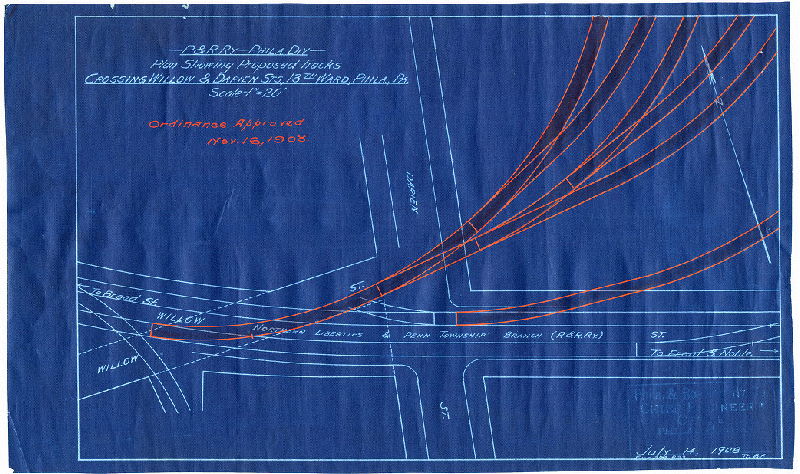 Plan, P. & R. Ry. - Phila. Div. - Plan showing proposed tracks crossing Willow & Darien Sts., 13th Ward, Phila., Pa. 