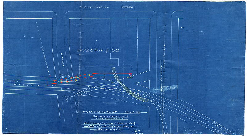 Plan, Phila. & Reading Ry. - Phila. Div. - Northern Liberties & Penn Township R.R. Plan showing location of siding at Ninth and Willow St., 13th Ward, City of Phila., for Wilson & Co. 