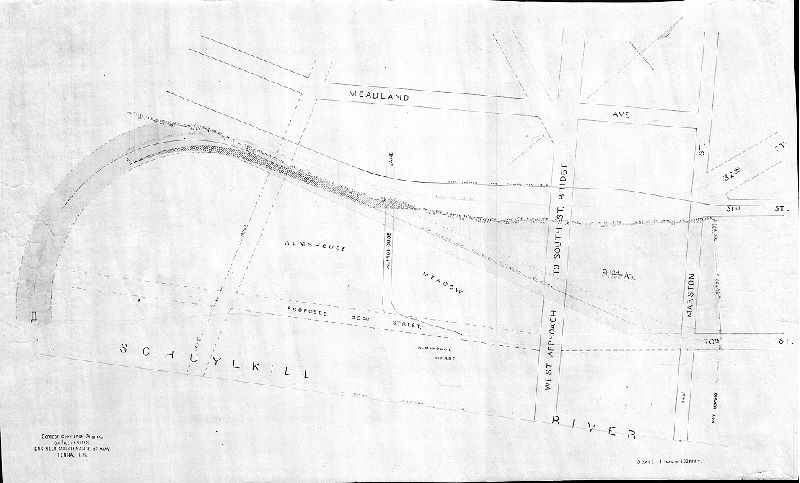Plan, [No title. Plan showing route of railroad through Almshouse property on either side of the west approach to the South St. Bridge, now the site of the SEPTA University City railroad station]