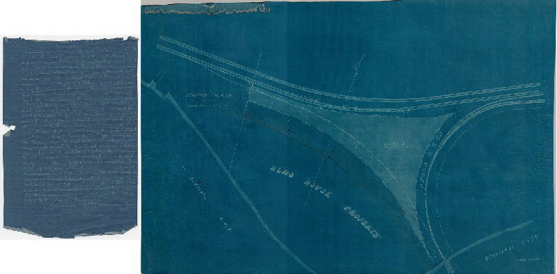 Plan, [No title: Property at intersection of Junction Railroad and Pennsylvania railroad, near the Almshouse Property along the Schuylkill River. Attachment: written description of metes and bounds of shaded property]