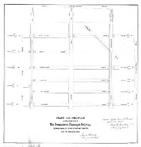 Plan, Plan and profile of the extension of the Germantown Passenger Railway, on Susquehanna Ave., Twenty-second and Norris Sts., City of Philadelphia [Approved by Board of Surveyors April 3, 1882]