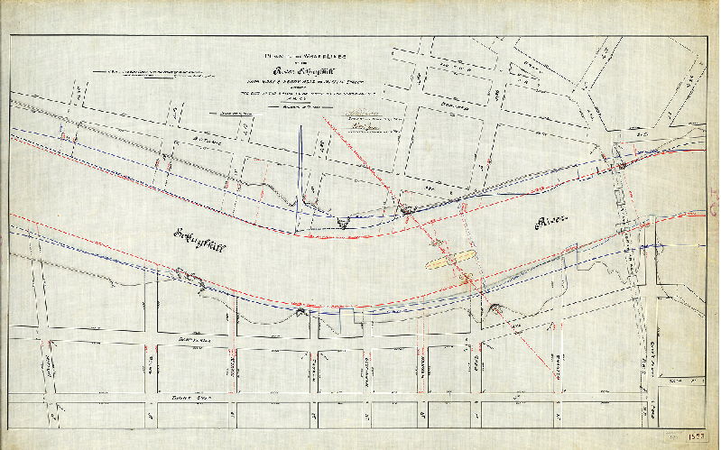 Plan (alternate image), Plan of the wharf lines of the River Schuylkill from Gray's Ferry Road to Mifflin Street, showing the site of the Bridg [Bridge] to be built by the Schuylkill E.S. R.R. Co. January 30th, 1884