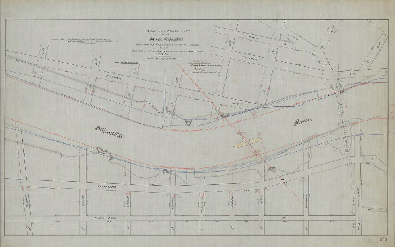 Plan, Plan of the wharf lines of the River Schuylkill from Gray's Ferry Road to Mifflin Street, showing the site of the Bridg [Bridge] to be built by the Schuylkill E.S. R.R. Co. January 30th, 1884