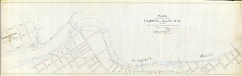 Plan (alternate image), Plan showing location of Schuylkill River East Side R.R. between Chestnut St. and Chester Br. Of P & R. R.R. [Ordinance July 3, 1885, section 16; survey returned Aug. 14, 1885. RC-34-e is companion to this plan]
