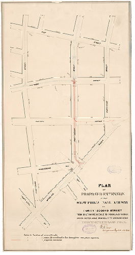 Plan, Plan of proposed extension of the West Phil'a. Pass. Railway on Forty-second Street Baltimore Avenue to Woodland Avenue, and on Chester Avenue from 42nd St. to Woodland Avenue. Twenty-seventh Ward, Phil'a. [Date stamp: March 19, 1885; no approval noted. See RC-035-c for approved version of plan]