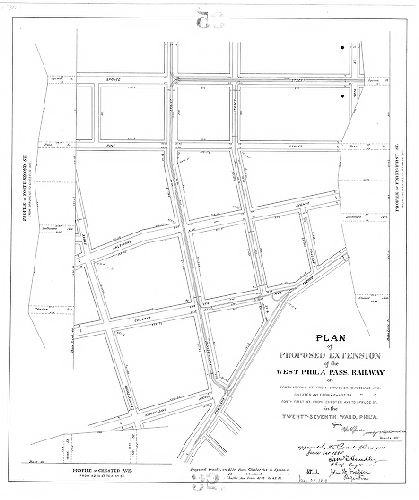 Plan, Plan of proposed extension of the West Phil'a. Pass. Railway on Forty-second St. from Spruce St. to Woodland Ave., Chester Ave. from 42nd St. to Woodland Ave., Forty-first St. from Chester Ave. to Spruce St., in the Twenty-seventh Ward, Phil'a. [Survey returned May 23, 1885; approved by Board of Surveyors June 1, 1885]