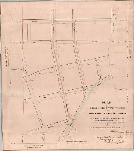 Plan, Plan of proposed extension of the West Phil'a. Pass. Railway on Forty-second St. from Spruce St. to Woodland Ave., Chester Ave. from 42nd St. to Woodland Ave., Forty-first St. from Chester Ave. to Spruce St., in the Twenty-seventh Ward, Phil'a. [Survey returned May 23, 1885; approved by Board of Surveyors June 1, 1885]