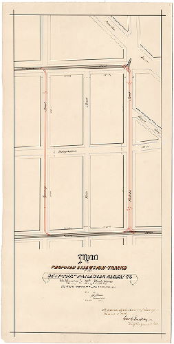 Plan, Plan of proposed extension of tracks of the West-Phila. Passenger Railway Company on Wyoming and 40th Streets between Baring and Haverford Streets, in the Twenty-fourth Ward [Survey returned and approved by Board of Surveyors March 1, 1886] 