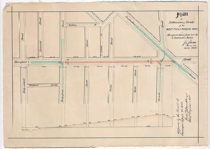 Plan, Plan for extension of tracks of the West Phila. Passr. R. Way on Haverford Street from 41st St. to Lancaster Ave. [Survey returned Dec. 15, 1883; approved by Board of Surveyors April 21, 1884]