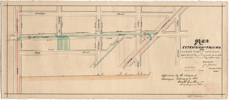 Plan, Plan for extension of tracks of the Market Street Pass. R.R. Co. on 42nd Street from Haverford Street to Lancaster Avenue in the 24th Ward [Survey returned Sept. 24, 1884; approved by Board of Surveyors Feb. 16, 1885]