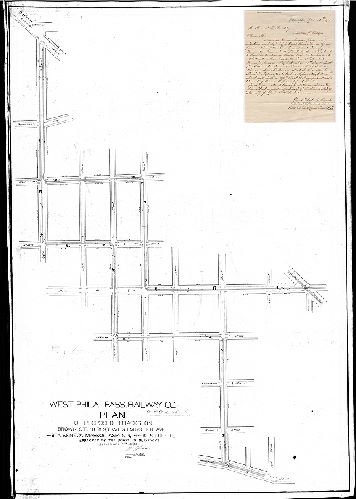 Plan, West Phila. Pass. Railway Co. Plan of proposed tracks on Brown St., 46th St., Westminster Ave., 48th, Seneca, Markoe, Aspen and 44th Streets. [Survey returned May 12, 1890; approved by Board of Surveyors Sept. 8, 1890. Attachment: Letter from Peter A. B. Widener, President, West Philadelphia Passenger Railway Co., to Samuel L. Smedley, Chief Engineer and Surveyor, City of Philadelphia, regarding track the company wants to lay on Brown Street and other streets, dated April 26, 1890]