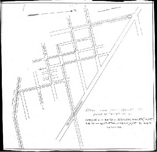 Plan, West Phila. Pass. Railway Co. Plan of streets on Brown - 46th - Westminster Ave. - 48th - Seneca - Markoe & 44th. April 1890