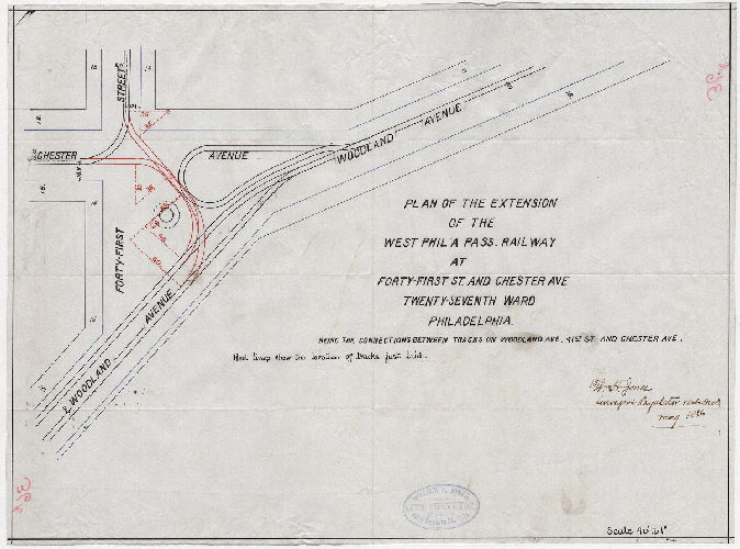 Plan, Plan of the extension of the West Phil'a Pass. Railway at Forty-first St. and Chester Ave., Twenty-seventh Ward, Philadelphia. Being the connections between tracks on Woodland Ave., 41st St. and Chester Ave.
