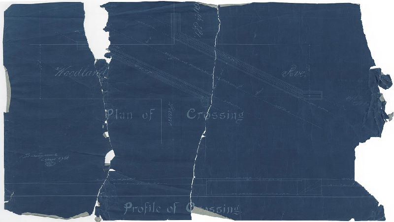 Plan, [No title. Baltimore and Philadelphia Railroad crossing at Woodland Ave. April 22, 1886]