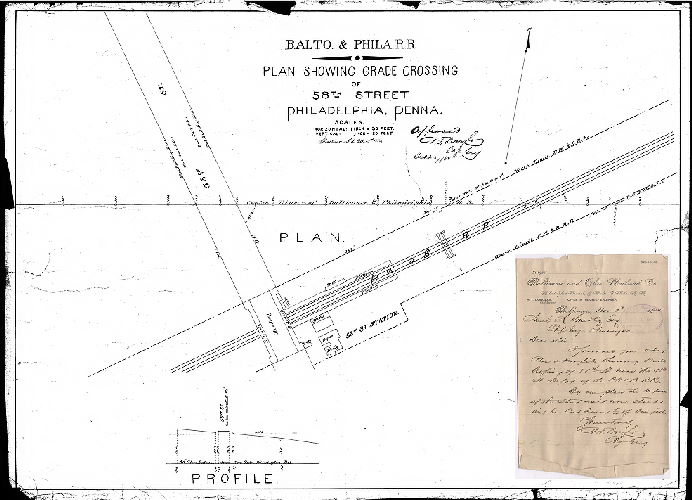 Plan, Balto. & Phila. R.R. Plan showing grade crossing of 58th Street, Philadelphia, Penna. [Attachment: Transmittal memorandum for plan from H. T. Douglas, Chief Engineer, Baltimore and Philadelphia Railroad, Nov. 3, 1885]