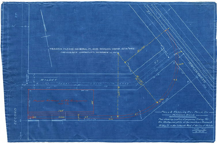 Plan, Phila. & Reading Ry. - Phila. Div. - Bethlehem Branch. Plan showing location of proposed siding for Wm. Montgomery & Co. at Germantown Avenue & Wildey St. in the Sixteenth Ward of the City of Philada. 