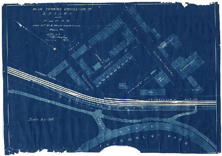 Plan, Plan showing connection of S.R.E.S.R.R. with the P. and R. R.R. near 30th St. & Pennsylvania Avenue, Phila., Pa. 