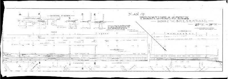 Plan, Plan of Pennsylvania Avenue showing the S.R.E.S.R.R. Tunnel, 25th St. to 30th St. Compiled from the original staking out notes and reduced to the City Datum elevation by W. W. Thayer, Civil Engineer, July 12th, 1890