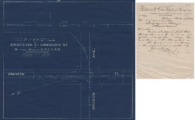 Plan, Map and profile of crossing at Swanson St. of Delaware Branch - S.R.E.S.R.R. [Attachment: Transmittal memorandum for plan from H. T. Douglas, Chief Engineer, Baltimore and Philadelphia Railroad, Oct. 27, 1885]