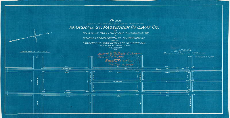 Plan, Plan showing the proposed location of track of the Marshall St. Passenger Railway Co. on [various streets] in the Thirty-third Ward, Philadelphia [Approved by Board of Surveyors Dec. 16, 1889]