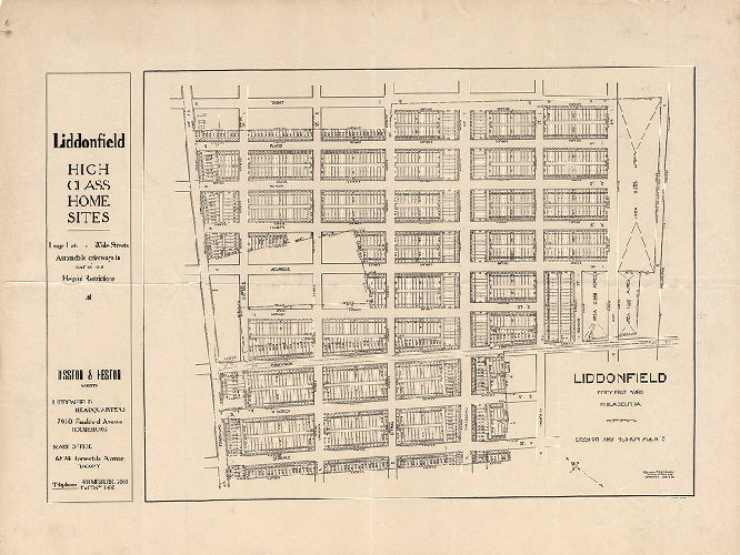 Plan, Liddonfield. High-class home sites. Large Lots. Wide Streets. Automobile driveways in rear of lots. Disston & Heston, Agents. Liddonfield headquarters 7930 Frankford Avenue, Holmesburg. Main office 6824 Torresdale Avenue, Tacony. Telephones Holmesburg 2000, Tacony 1400. [Title within plan] Liddonfield, Forty-first Ward, Philadelphia. [Survey returned June 26, 1924]