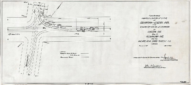 Plan, Plan showing proposed location of curve at Germantown and Chelten Aves. and proposed relocation of crossover on Chelten Ave. east of Germantown Ave. for the Philadelphia Rapid Transit Co., Lessee [Approved by Board of Surveyors March 18, 1929. Plan numbered T-1855 and P-38-203] 