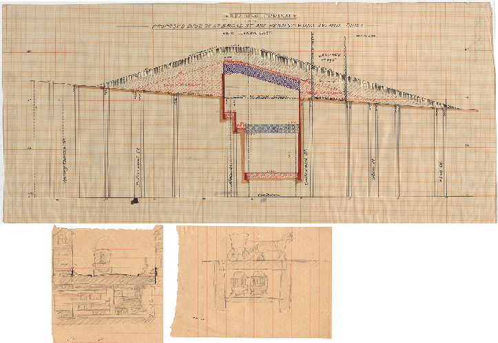Plan, Reading Terminal R.R. Proposed bridge at Broad St. and Pennsylvania Ave. View looking east. Dec. 19, 1890 [Two attachments: pencil sketches in profile of train in tunnel and horse-drawn carriage on street above]