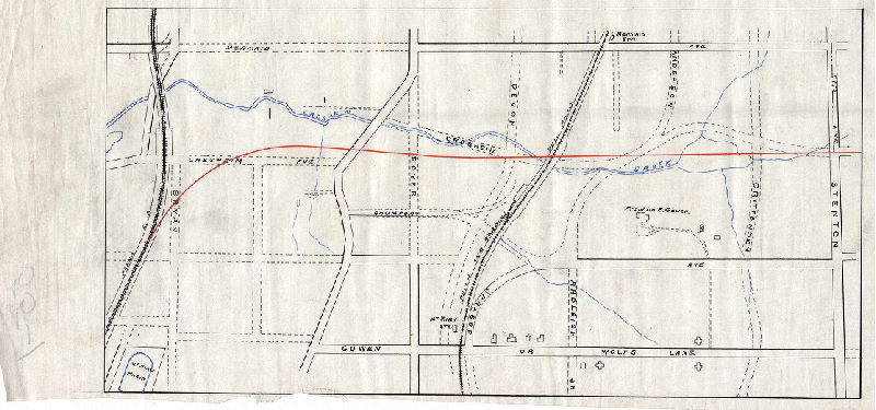 Plan, [No title. Fort Washington Railroad, spur from Pennsylvania Railroad line to Chestnut Hill to Stenton Avenue, along Cresheim Creek]