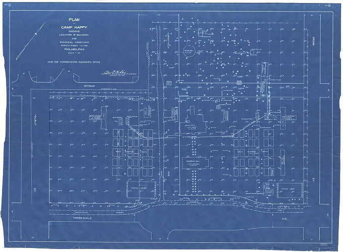 Plan, Plan of Camp Happy showing location of buildings and physical conditions. Forty-first Ward, Philadelphia. Made for the Coordinating Engineer's office. [Survey returned Jan. 28, 1942]