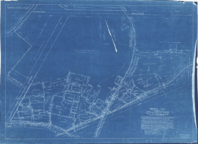 Plan, Industrial Map of property of John and James Dobson Inc., Falls of Schuylkill, 38th Ward, City of Philadelphia. Showing within the boundaries of this property the City streets, dimensions of the ground, building improvements, Scotts Lane, driveways leading to the buildings, and railroad sidings as well as abutting railroads.