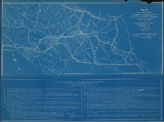Plan (alternate image), Plan showing location of line of Philadelphia and Columbia Railroad (as constructed by the State of Pennsylvania) from Columbia Bridge over Schuylkill River to its junction with present Main Line of Pennsylvania Railroad at Anderson's Lane, later Athensville, now Ardmore. Traced for John C. Trautwine Jr., from T. H. Mueller's reproduction of John Levering's map of Lower Merion Township, 1851, with data from other sources, by Chas. R. Barker, 1920, June.