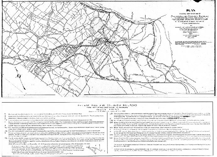 Plan, Plan showing location of line of Philadelphia and Columbia Railroad (as constructed by the State of Pennsylvania) from Columbia Bridge over Schuylkill River to its junction with present Main Line of Pennsylvania Railroad at Anderson's Lane, later Athensville, now Ardmore. Traced for John C. Trautwine Jr., from T. H. Mueller's reproduction of John Levering's map of Lower Merion Township, 1851, with data from other sources, by Chas. R. Barker, 1920, June.