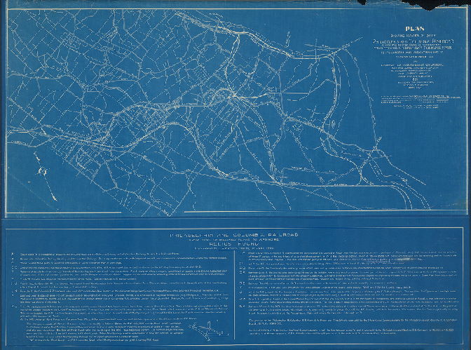 Plan, Plan showing location of line of Philadelphia and Columbia Railroad (as constructed by the State of Pennsylvania) from Columbia Bridge over Schuylkill River to its junction with present Main Line of Pennsylvania Railroad at Anderson's Lane, later Athensville, now Ardmore. Traced for John C. Trautwine Jr., from T. H. Mueller's reproduction of John Levering's map of Lower Merion Township, 1851, with data from other sources, by Chas. R. Barker, 1920, June.