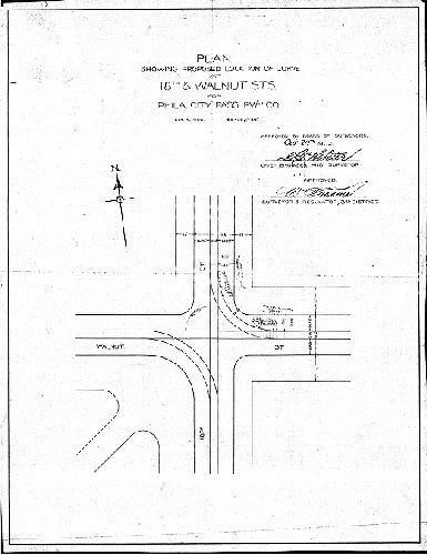 Plan, Plan showing proposed location of curve at 18th & Walnut Sts. for the Phila. City Pass. Rw'y Co. [Approved by Board of Surveyors Oct. 20, 1902]