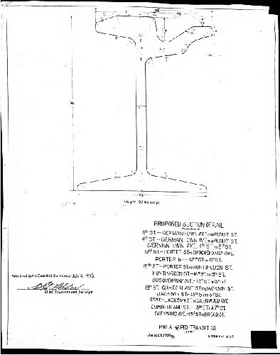 Plan, Proposed section of rail to be used on [various streets]. Phila. Rapid Transit Co., Lessee. June 22, 1903. Scale full size. [Approved by Board of Surveyors July 6, 1903]
