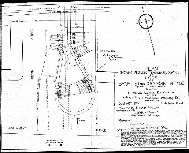 Plan, Plan showing proposed temporary location of loop at Broad St. and Government Ave. (opposite Navy Yard) for the League Island Extension of the 13th & 15th Sts. Passenger Railway Co'y [Approved by Board of Surveyors Nov. 2, 1903]