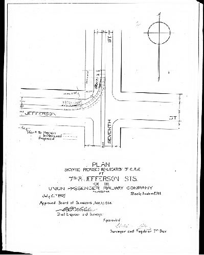 Plan, Plan showing proposed re-location of curve at 7th & Jefferson Sts. for the Union Passenger Railway Company, Philadelphia [Approved by Board of Surveyors Sept. 14, 1903] 