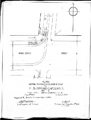 Plan, Plan showing proposed re-location of curve at 7th & Spring Garden Sts. for the Phila. Rapid Transit Company, Lessee [Approved by Board of Surveyors Aug. 17, 1903] 