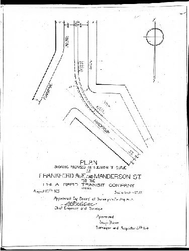 Plan, Plan showing proposed re-location of curve at Frankford Ave. and Manderson St. for the Phila. Rapid Transit Company, Lessee [Approved by Board of Surveyors Sept. 14, 1903] 