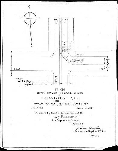 Plan, Plan showing proposed re-location of curve at 40th and Locust Sts. for the Phila. Rapid Transit Company, Lessee [Approved by Board of Surveyors Sept. 14, 1903] 