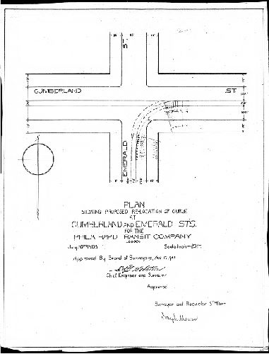 Plan, Plan showing proposed re-location of curve at Cumberland and Emerald Sts. for the Phila. Rapid Transit Company, Lessee [Approved by Board of Surveyors Aug. 17, 1903] 