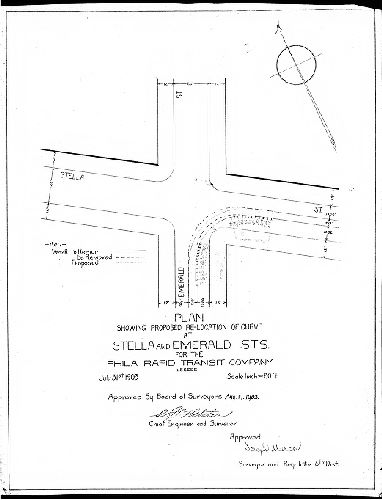 Plan, Plan showing proposed re-location of curve at Stella and Emerald Sts. for the Phila. Rapid Transit Company, Lessee [Approved by Board of Surveyors Aug. 17, 1903] 