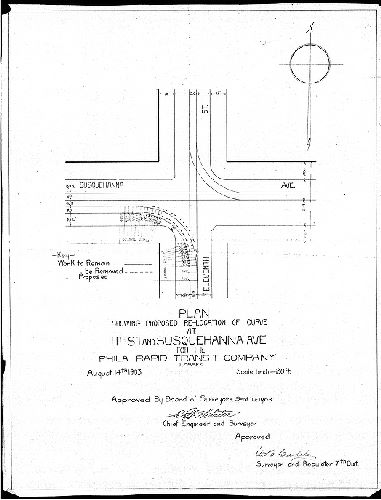 Plan, Plan showing proposed re-location of curve at 11th St. and Susquehanna Ave. for the Phila. Rapid Transit Company, Lessee [Approved by Board of Surveyors Sept. 14, 1903] 